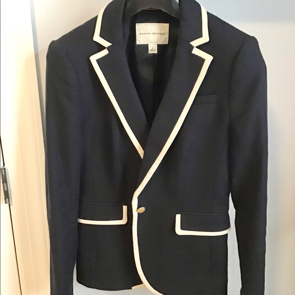 Banana Republic dark navy blazer with white trim and gold buttons